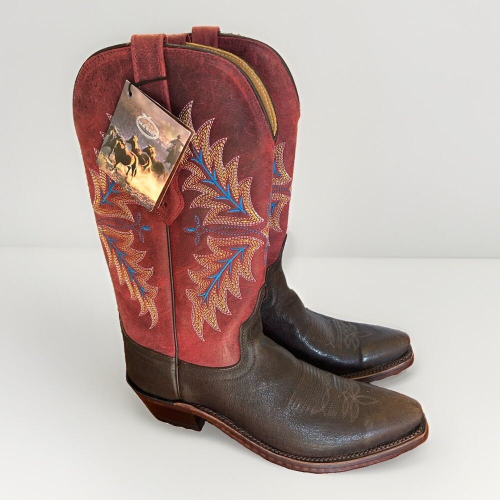 NEW Old West Leather Boots Womens Size 6 Brown & Red Snip Toe Western Cowboy
